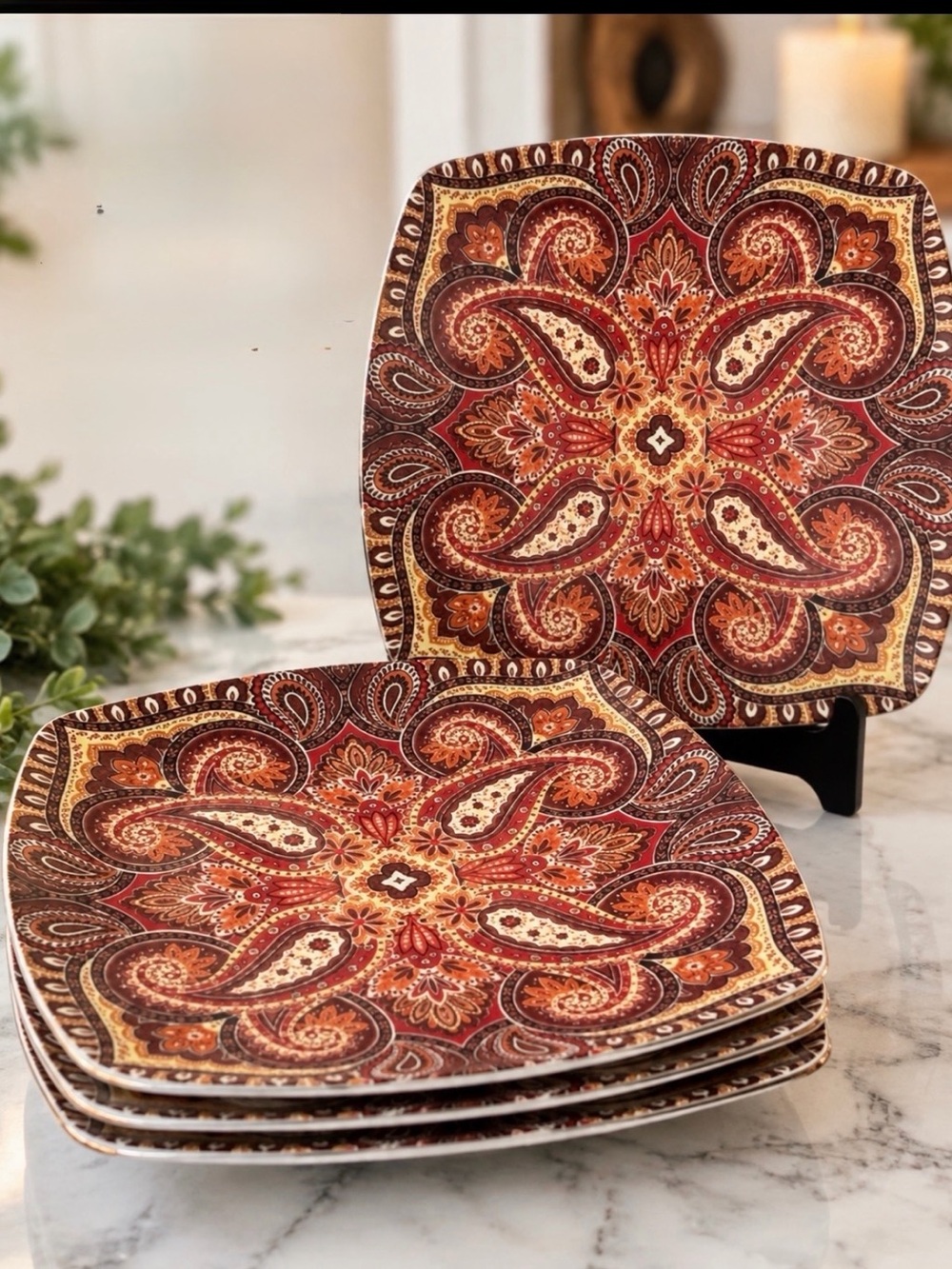 222 Fifth Resplendent Square Plates Set of 4 8" Paisley Boho China